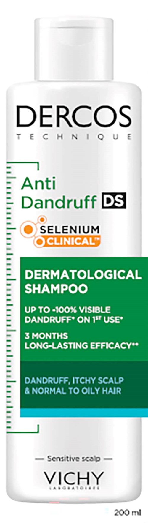 En vit flaska med gröna och svarta texter, visar Dercos Anti Dandruff schampo av Vichy för hårbotten och hårvård.