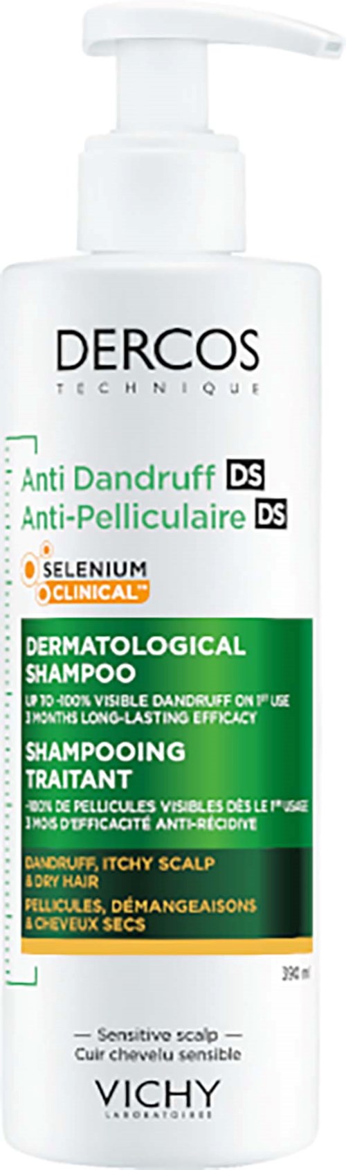 Hvit flaske med Dercos sjampo med pumpe, etiketten viser at den er for flass og kløende hodebunn, dermatologtestet.