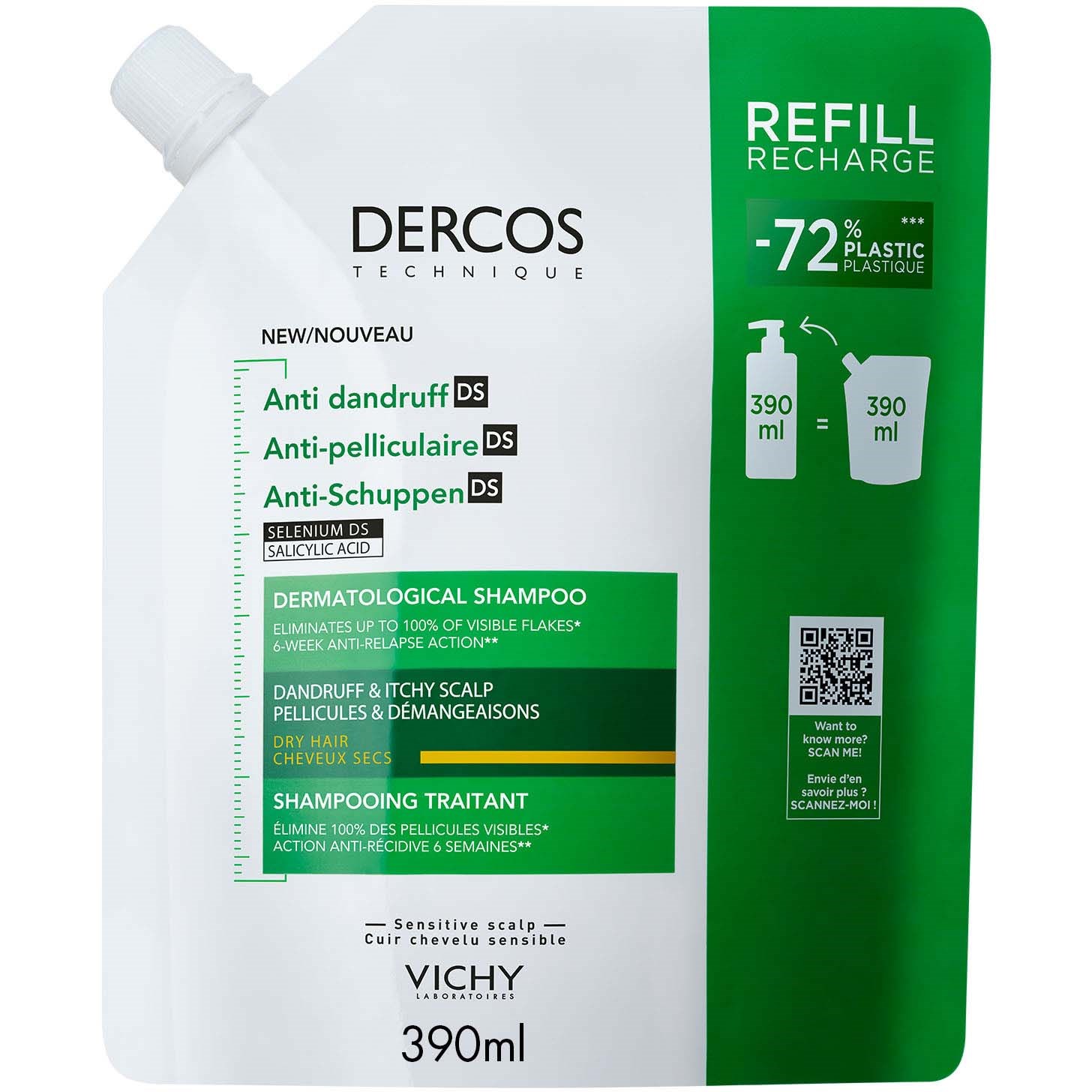 VICHY Anti Dandruff Dercos Shampoo for Dry Hair Refill 390 ml