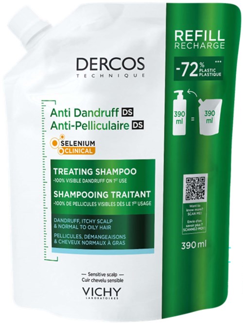 En påfyllningsförpackning med Dercos anti-dandruff schampo, 390 ml, med grön och vit förpackning och en QR-kod.