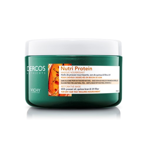 En grønn beholder med hvit lokk, merket Vichy DerCOS Nutri Protein for tørt hår.