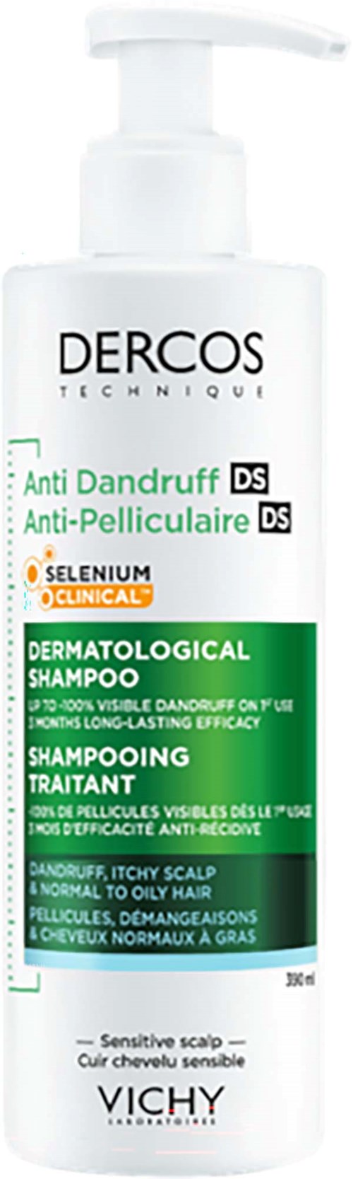 Dercos Anti-Flag Shampoo-flaska med pump, etikett med information om mot mjäll och hårbottensvård för känsligt hår.