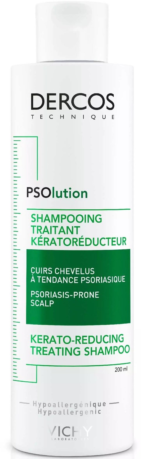 En hvit flaske Dercos sjampo med grønn og svart tekst for hodebunn og psoriasis behandling.