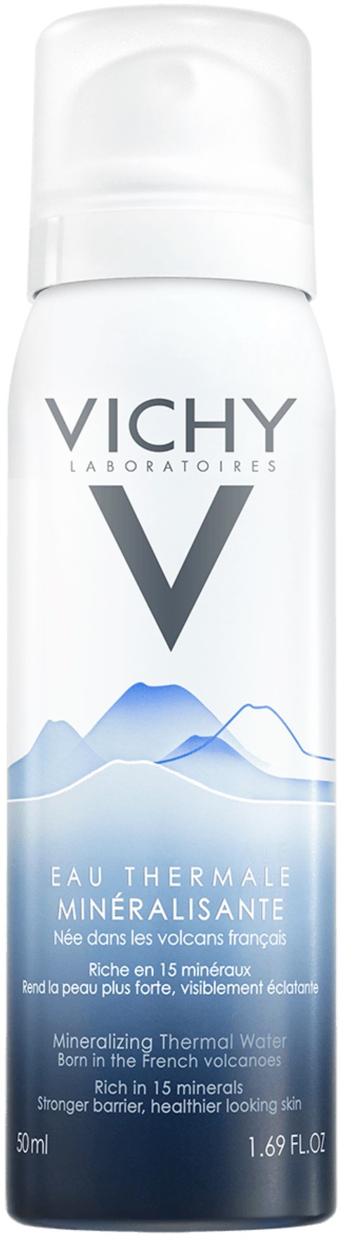 Vichy vanddampflaske, blå og hvid, med bjergillustration, tekst på engelsk og fransk, 50 ml.