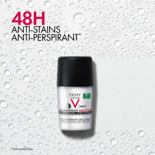 A deodorant roll-on bottle on a wet, water drop-covered background. Text highlights 48-hour anti-stains and anti-perspirant properties.