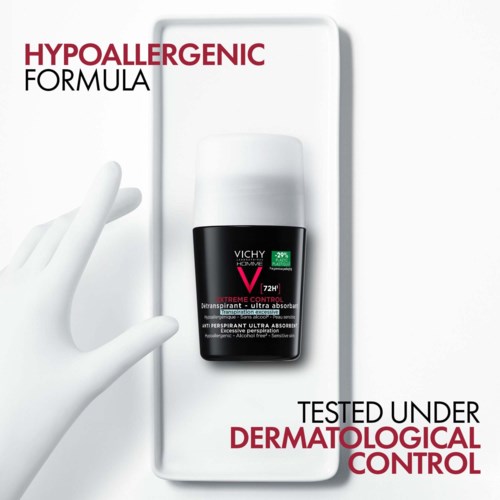 Vichy deodorant, hypoallergenic, tested under dermatological control, claims 72-hour protection, suitable for sensitive skin.