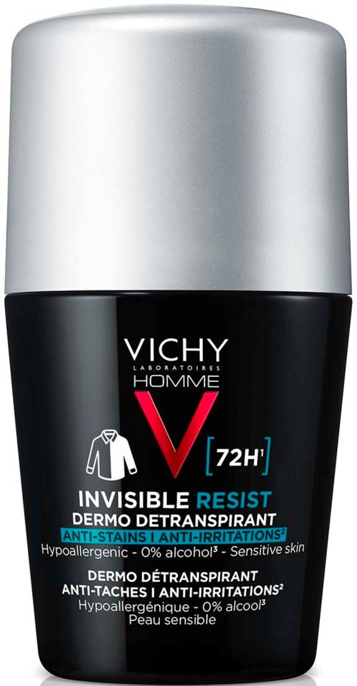 A black and silver bottle of Vichy Homme deodorant with white and blue text, designed for sensitive skin.