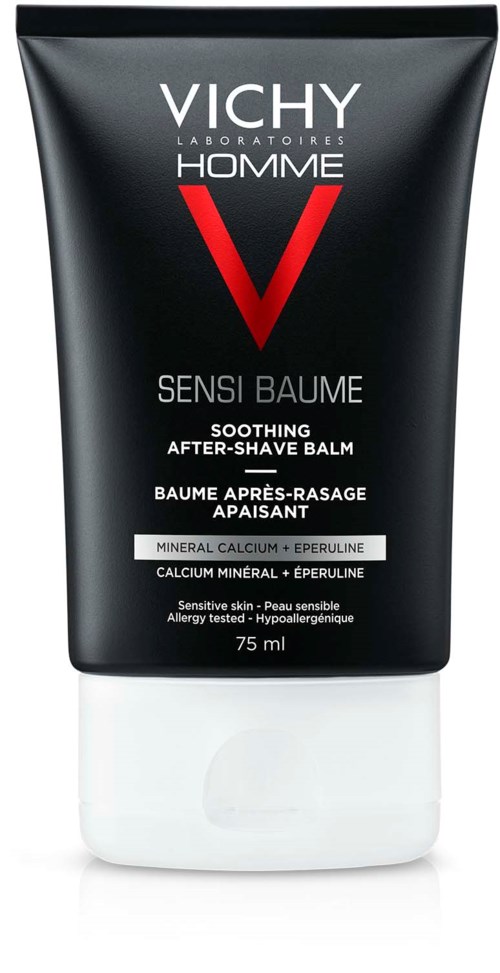 Svart tub med Vichy Homme Sensi Baume lugnande after-shave-kräm med vit, röd och grå text.