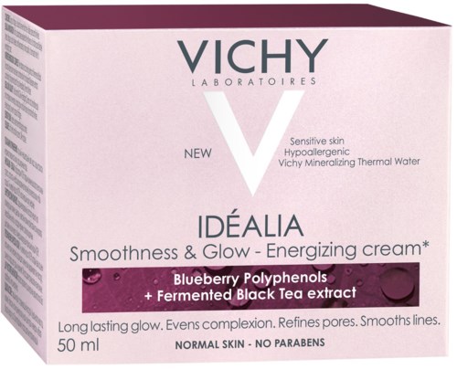 Boks med Vichy Idéalia-creme med blåbær-ekstrakt til glat og strålende hud.