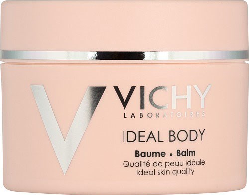 Vichy Ideal Body Balm, rosa burk, silverrand, främjar perfekt hudkvalitet, för kroppsvård.