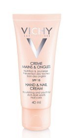 En lyserød tube af Vichy negle- og neglebåndscreme med SPF 15, 40 ml kapacitet.