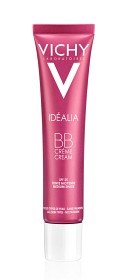 Pink tub med Vichy Idealia BB-kräm med vit lock, varumärkesnamn och produktinformation på.