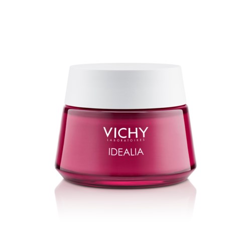 Vichy Idealia-krämburk med vit lock och rosa behållare.