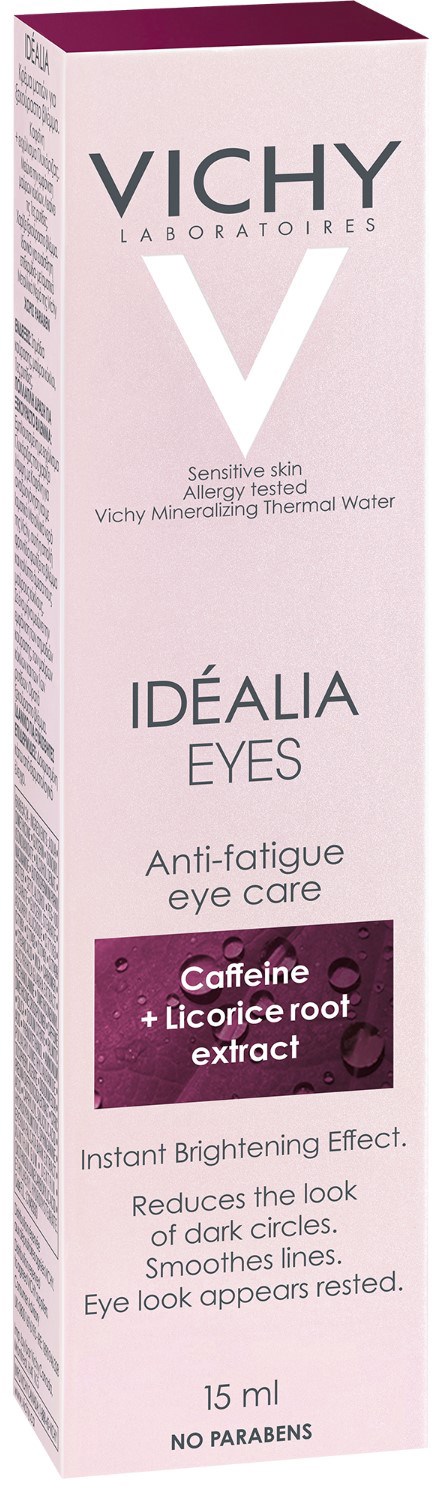Vaaleanpunainen Vichy Idealia Eyes -rasiapakkaus, sisältää kofeiinia ja lakritsijuuriuutetta tummiin silmänalusiin.