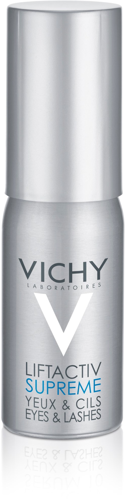 En sølvflaske med Vichy Liftactive Supreme øjen- og vippe serum står oprejst.