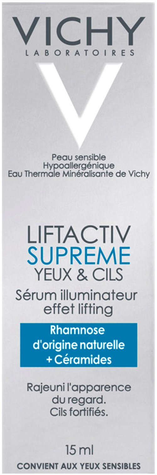 Vichy Liftactiv Supreme serum til øjne og øjenlåg, indeholder Rhamnose og ceramider, i en 15 ml flaske.