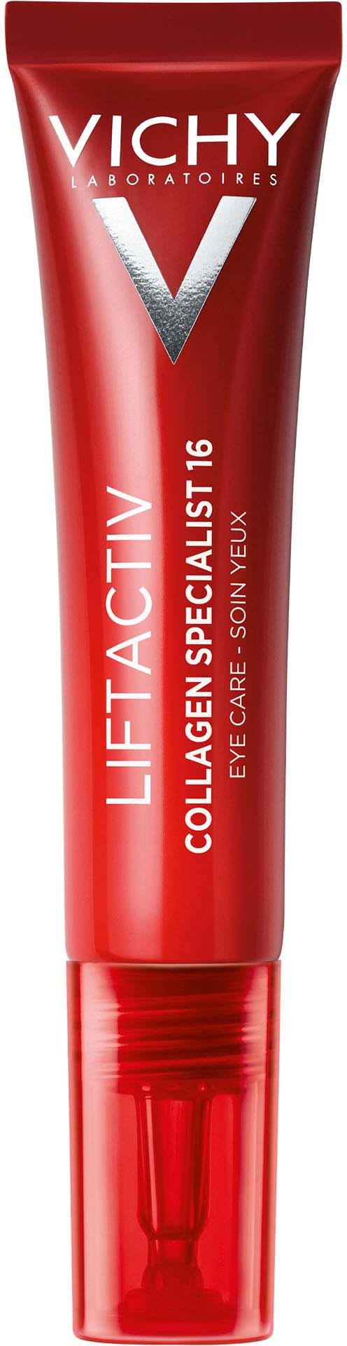 Röd tub med Vichy Liftactiv Collagen Specialist 16-kräm med vit och orange text.
