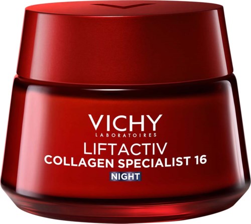 Red container with white and blue text for Vichy Liftactiv Collagen night cream.