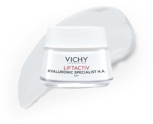 Vichy Liftactiv hyaluronsyre cremekrukke med creme i baggrunden.