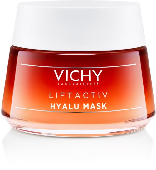 A red jar with a white lid contains Vichy LiftActiv Hyalu Mask for skincare.