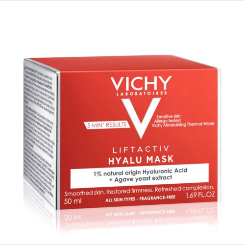 Vichy Liftactiv Hyalu Mask box with red and white colors, product details, and text about skin benefits.