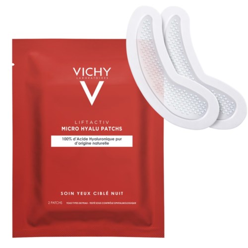 Vichy Liftactiv Micro Hyalu Plåster för nattbruk, innehåller ren hyaluronsyra, i röd förpackning med vita plåster bredvid.