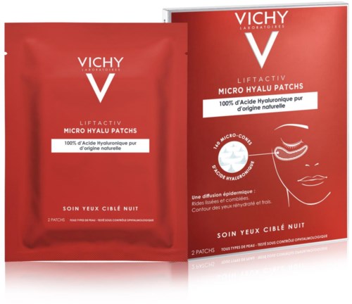 Vichy Liftactiv Micro Hyalu Patches för mörka ringar, innehåller hyaluronsyra, avsedda för nattanvändning.