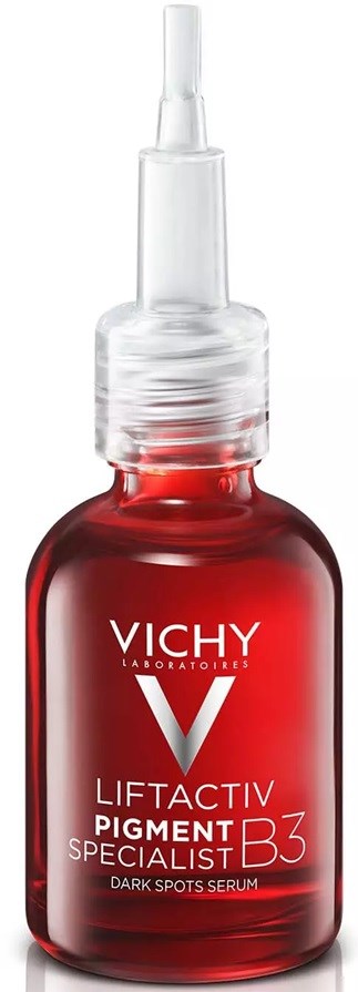 Punainen pullo tipparuiskalla, Vichy Pigment Specialist B3, tummaihoisille tarkoitettu seerumi.