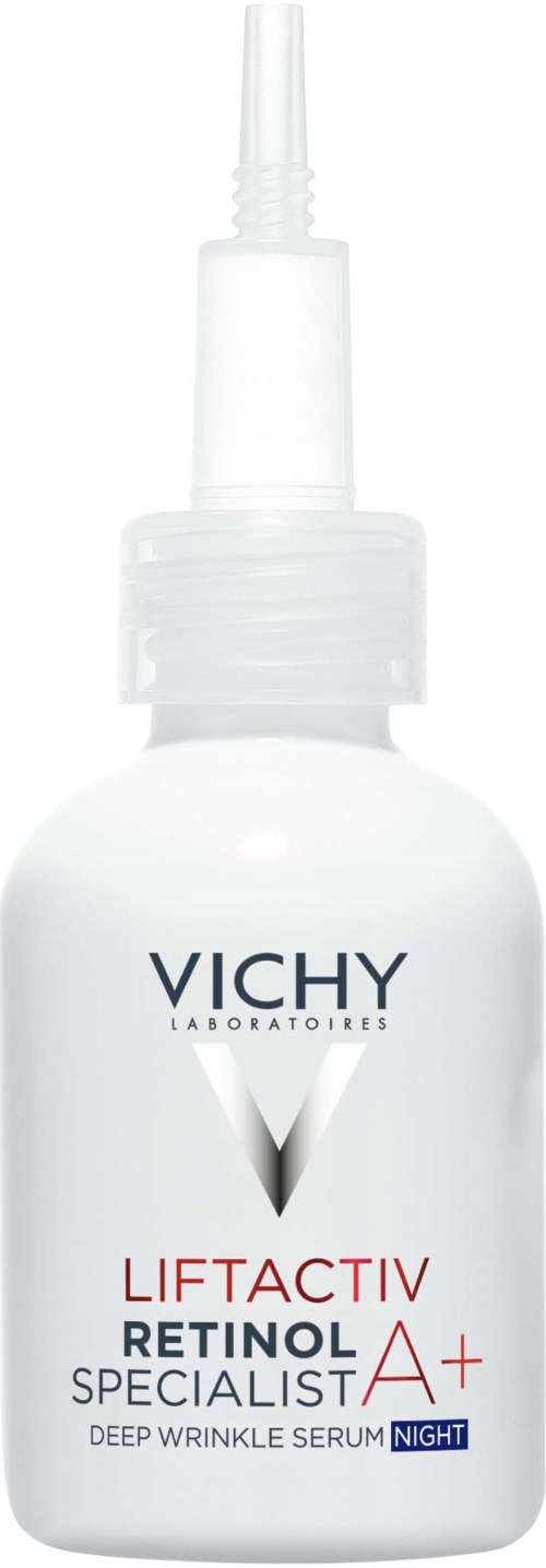 A white bottle with a spray nozzle holds Vichy Liftactiv Retinol mask serum for night. It has black and red text.