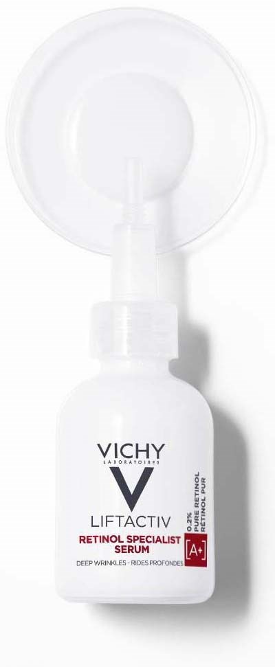 A white bottle of Vichy Liftactiv Retinol Specialist Serum with a pump and a clear cap.