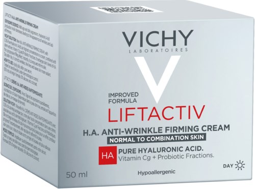 Vichy Liftactiv-kräm för normal till kombinationshud, med hyaluronsyra och probiotiska fraktioner.