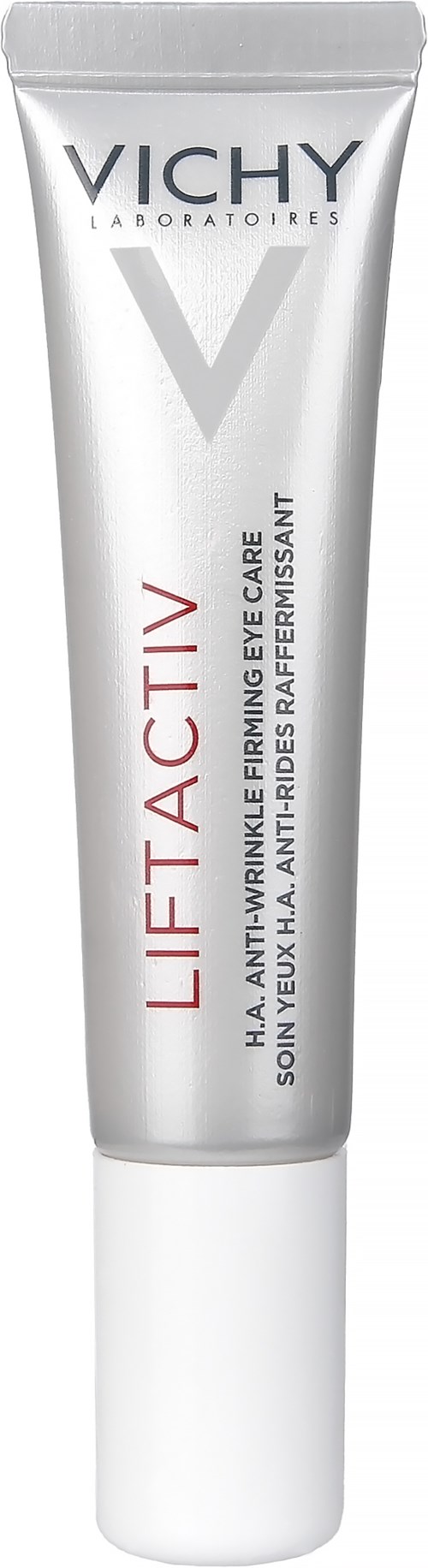 Een witte tube Vichy Liftactiv huidverzorging met rode en zwarte tekst, voor anti-aging oogverzorging.
