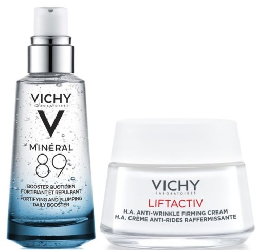 Two skincare products: one is a transparent bottle with a pump, the other is a white jar. Both are from Vichy.