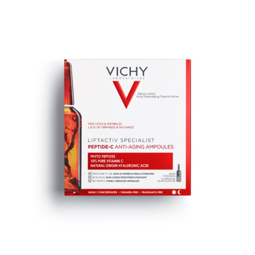 Vichy Hautpflege-Box gegen Alterszeichen mit Peptiden, Vitamin C und Hyaluronsäure. Rote und weiße Verpackung.