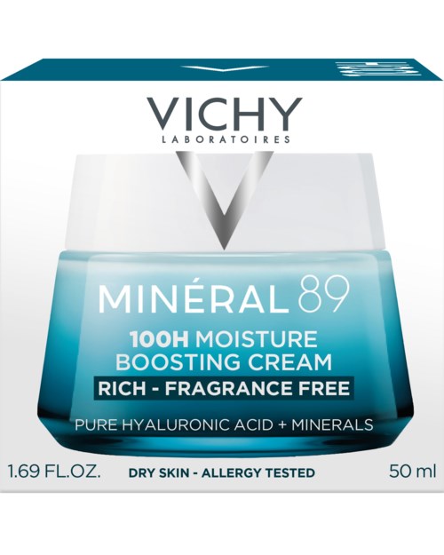 Vichy Minéral 89 cremeflaske med etiketter, der fremhæver hydrering, parfumefri og hyaluronsyre til tør hud.