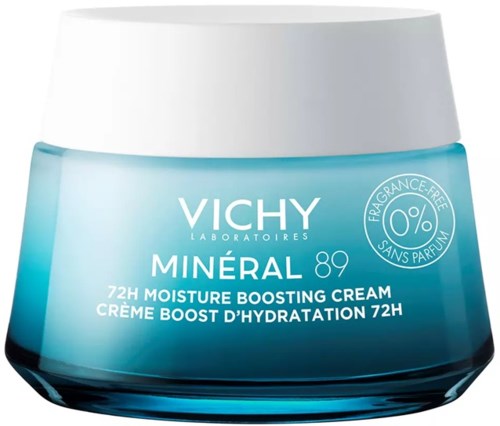 Een blauwe crèmepot met witte deksel, Vichy, hydratatie voor huid, geurvrij, 72 uur vochtboost.