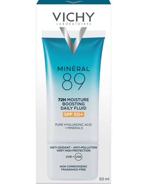 Et rør med Vichy Mineral 89 fugtighedscreme med SPF 50+ til hudhydrering og beskyttelse.