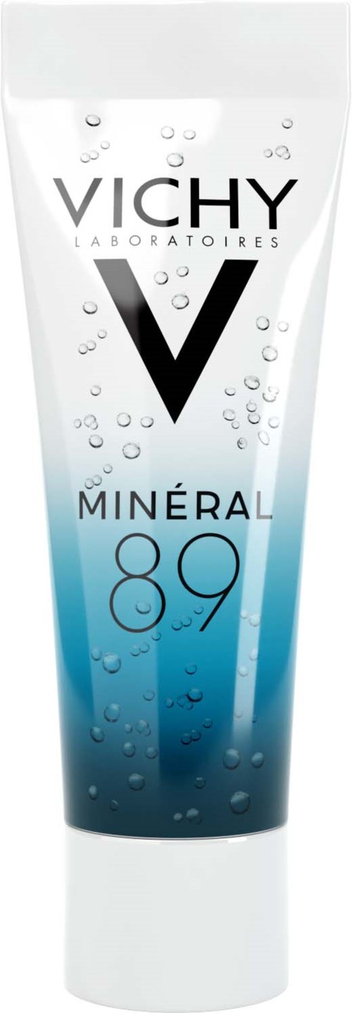 Een witte tube met blauwe ontwerp en bellen, gelabeld Vichy mineral 89 voor huidhydratatie.