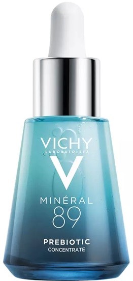 Blå glassflaske med hvit pipette, merket Vichy Mineral 89 Prebiotic Concentrate.