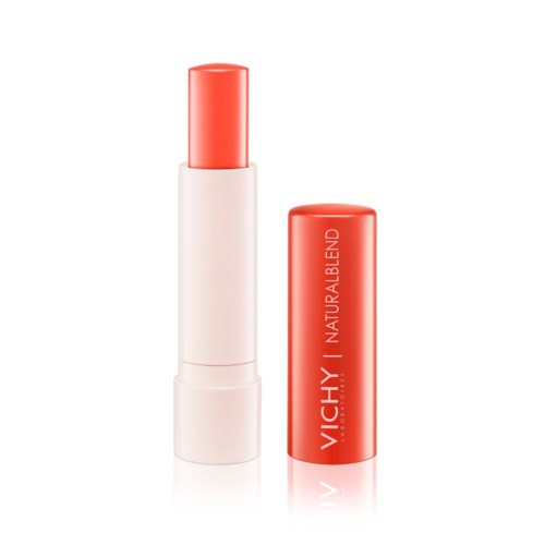 Red and white lipstick tube with the lid removed, showing the lipstick inside.
