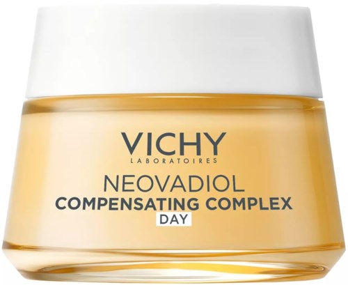 A jar of Vichy Neovadiol Day cream, light yellow color, with white lid and black text.