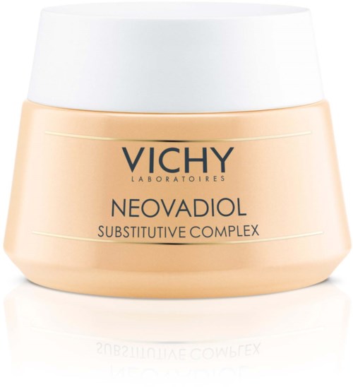 Vichy Neovadiol-krämburk med vit lock, beige kropp och svart text på framsidan.