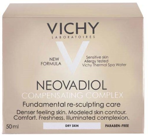 Vichy hudvårdsbox för torr hy, med Vichy-logga, produktnamn och information om dess fördelar och egenskaper.