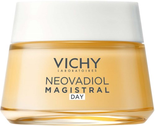 En krukke med Vichy Neovadiol Magistral Day krem med hvit lokk og gul beholder.