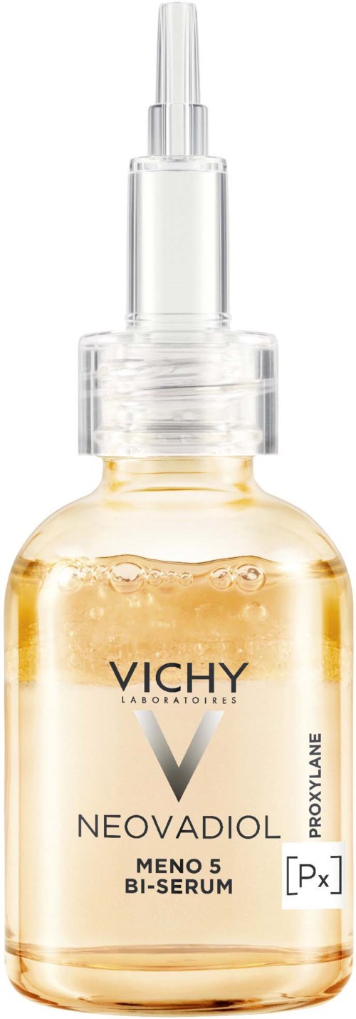En klar flaske med gult serum og en pipettehætte, mærket Vichy Neovadiol Men 50 Bi-Serum.