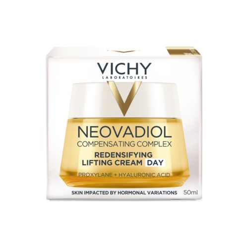 A box of Vichy Neovadiol lifting cream for day use, with Proxylane and Hyaluronic Acid, 50ml size.