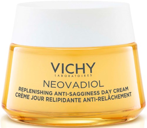 Vichy Neovadiol day cream in a yellow jar with a white lid, labeled for anti-sagging and anti-relaxation.