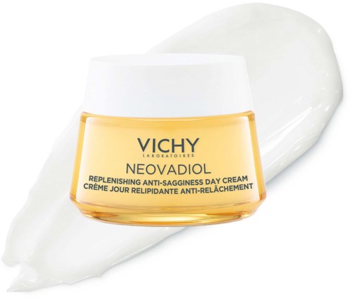 Vichy Neovadiol cream with white cream smear behind it, in a yellow jar with black text.