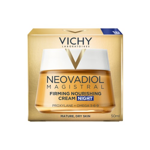 Sammenligning av hudpleieemballasje før og etter oppdatering, viser emballasjeskifte for Vichy Neovadiol nattkrem.