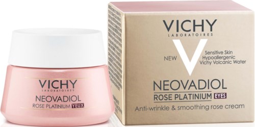 A jar of Vichy Neovadiol cream and a pink box with product details on it.